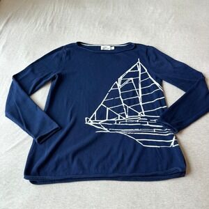 Vineyard Vines Womens Navy Blue Sailboat Graphic Cotton Boat Neck Sweater Small
